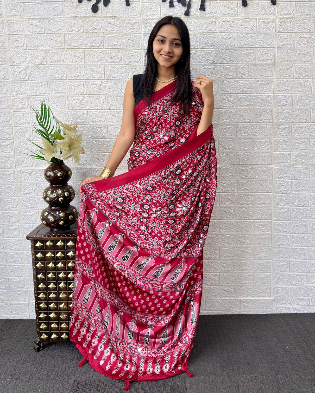 Red modal silk saree with geometric floral print heritage designer pallu festive party wear saree