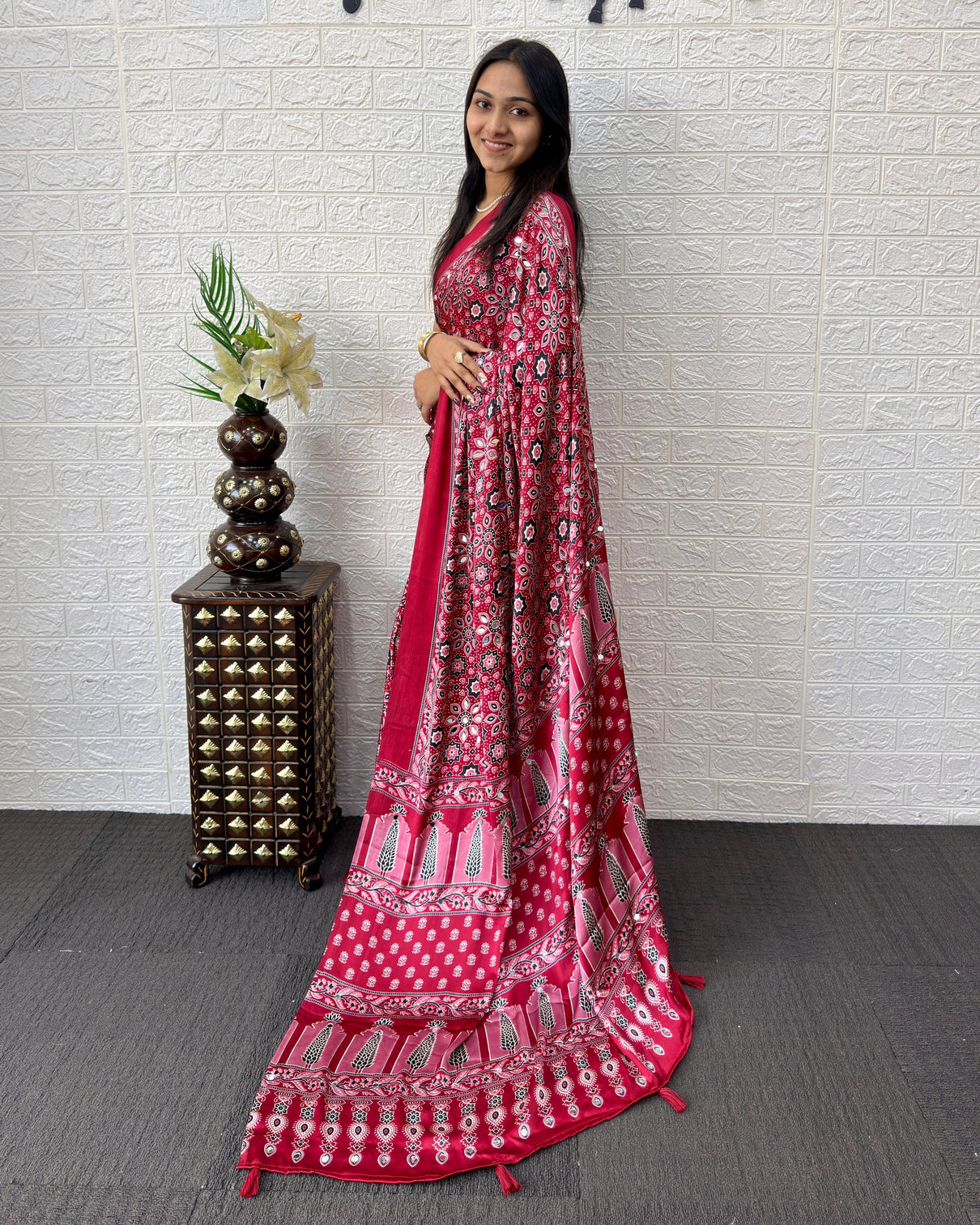 Red modal silk saree with geometric floral print heritage designer pallu festive party wear saree