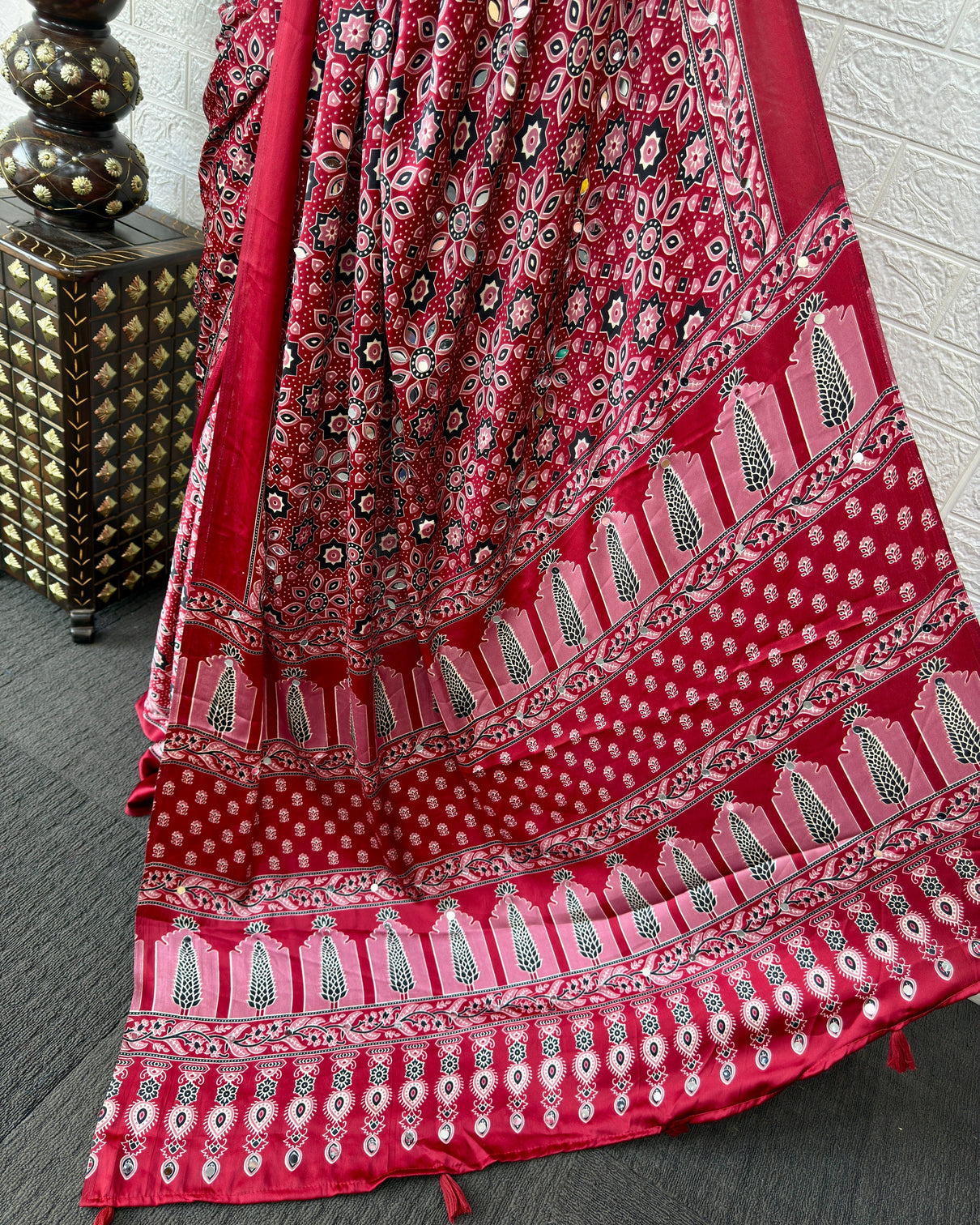 Red modal silk saree with geometric floral print heritage designer pallu festive party wear saree