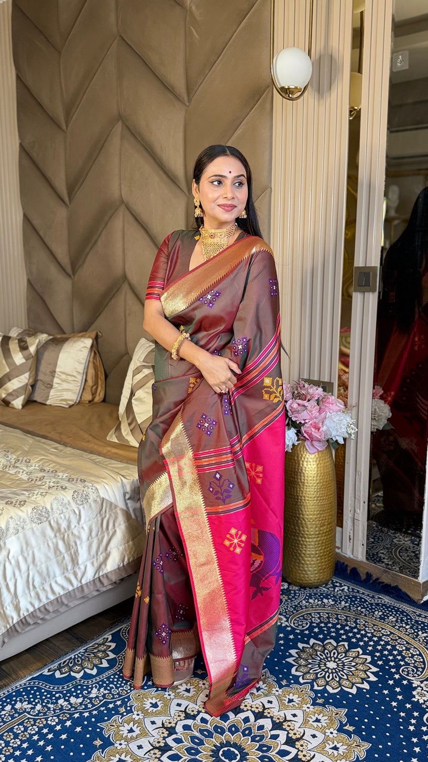Coffee soft silk ikkat patola saree with meenakari motifs peacock pallu and gold zari border