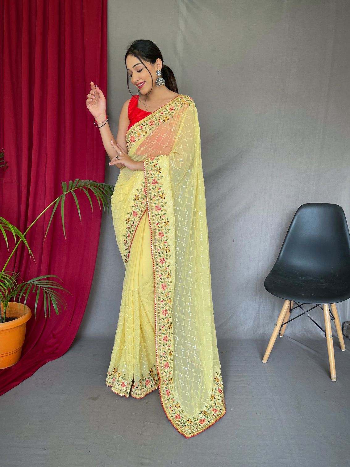 Yellow Saree in Georgette Sequins Designer Embroidered