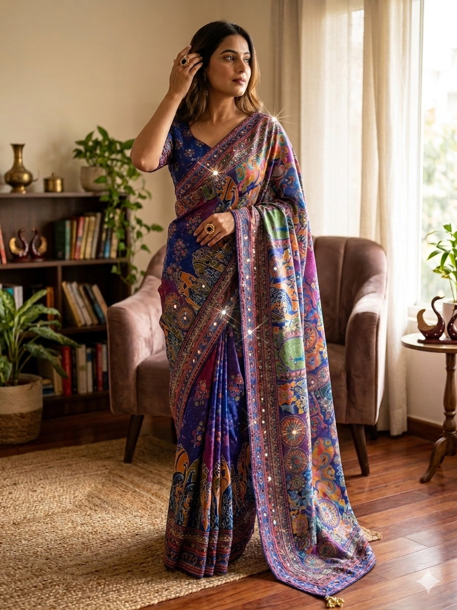 Premium multicolor artistic printed saree with designer border attached blouse party wear festive wear saree mameraa