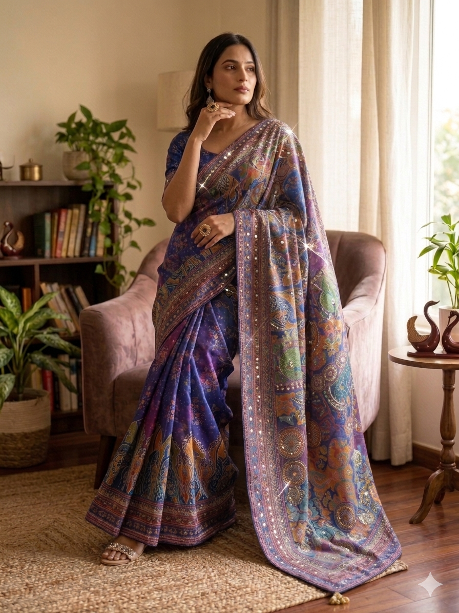 Premium multicolor artistic printed saree with designer border attached blouse party wear festive wear saree
