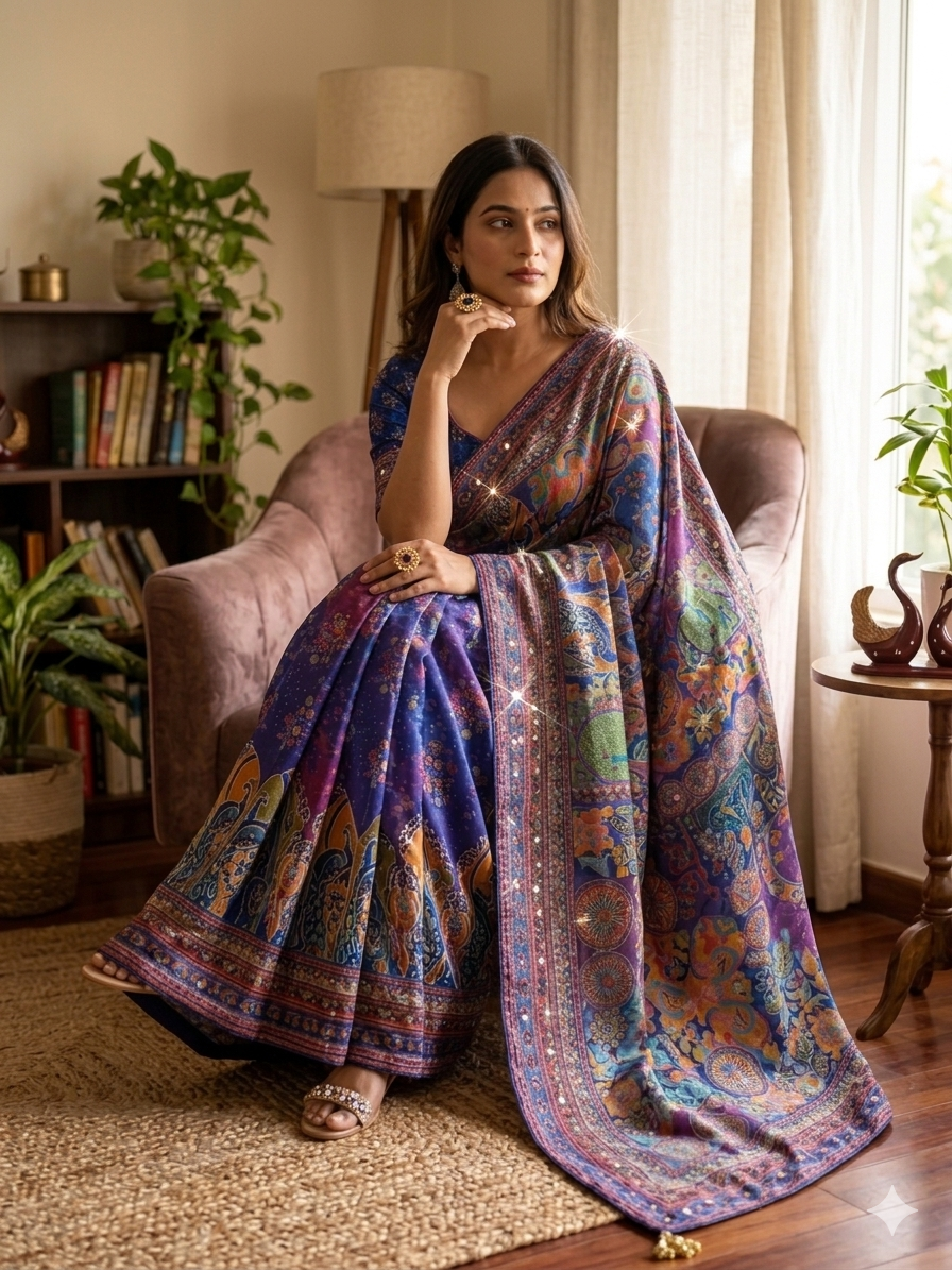 Premium multicolor artistic printed saree with designer border attached blouse party wear festive wear saree