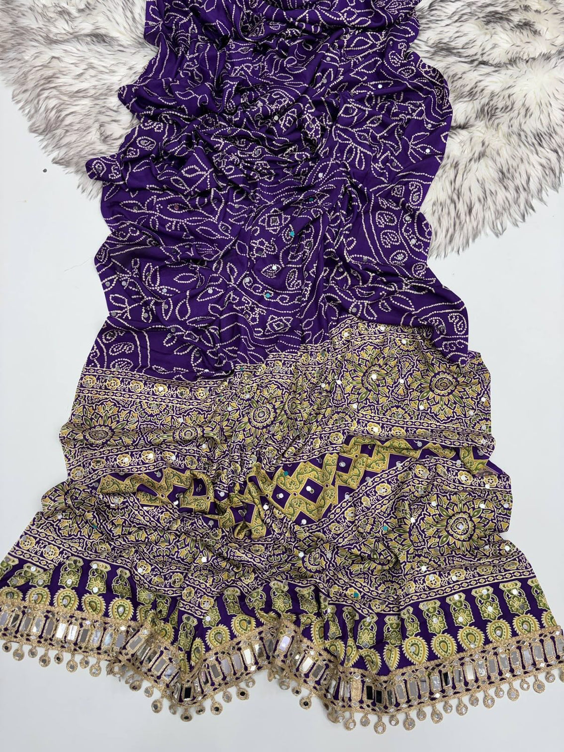 Purple modal silk saree with floral mandala print mirror lace border designer pallu festive wedding wear saree mameraa