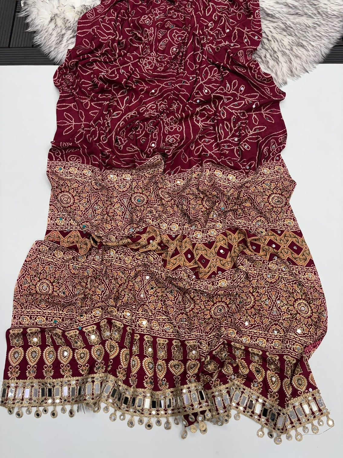 Maroon modal silk saree with floral mandala print mirror lace border designer pallu festive wear saree mameraa