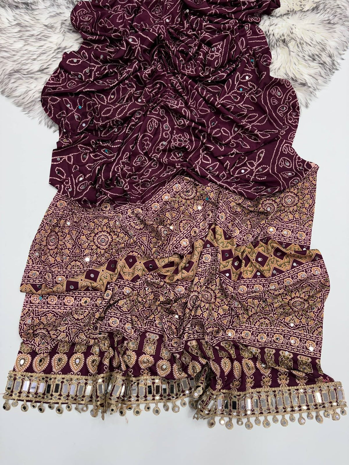 Plum purple modal silk saree with floral mandala print mirror lace border designer pallu festive wear saree mameraa