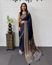 Black satin silk saree with kashmiri paisley print pallu designer border elegant festive wear saree mameraa