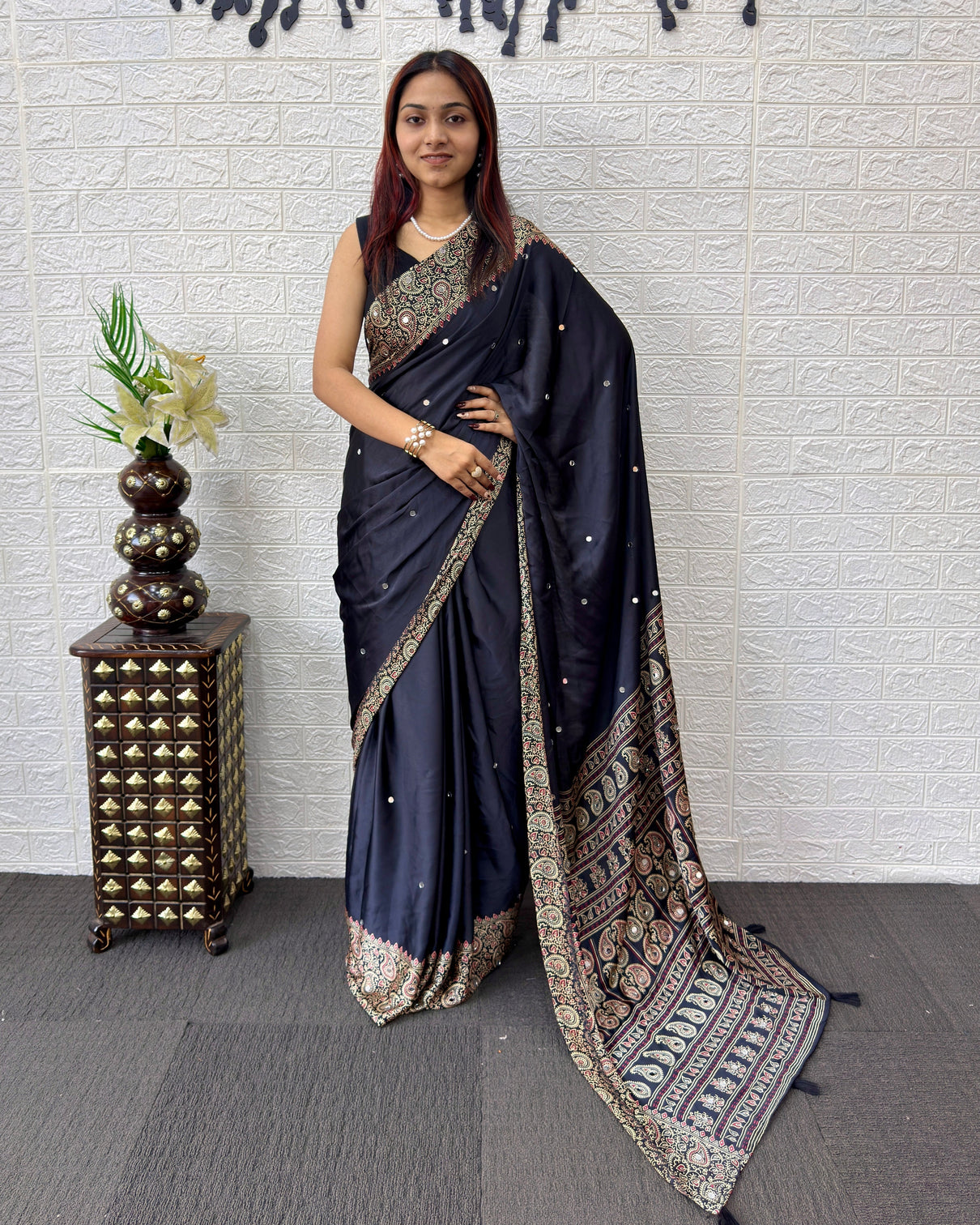 Black satin silk saree with kashmiri paisley print pallu designer border elegant festive wear saree
