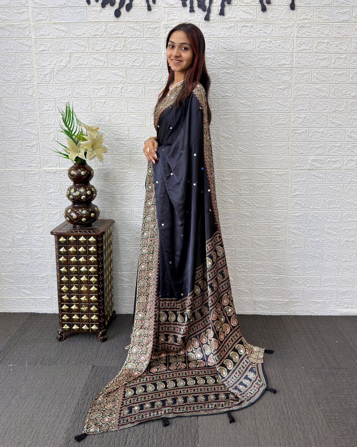 Black satin silk saree with kashmiri paisley print pallu designer border elegant festive wear saree