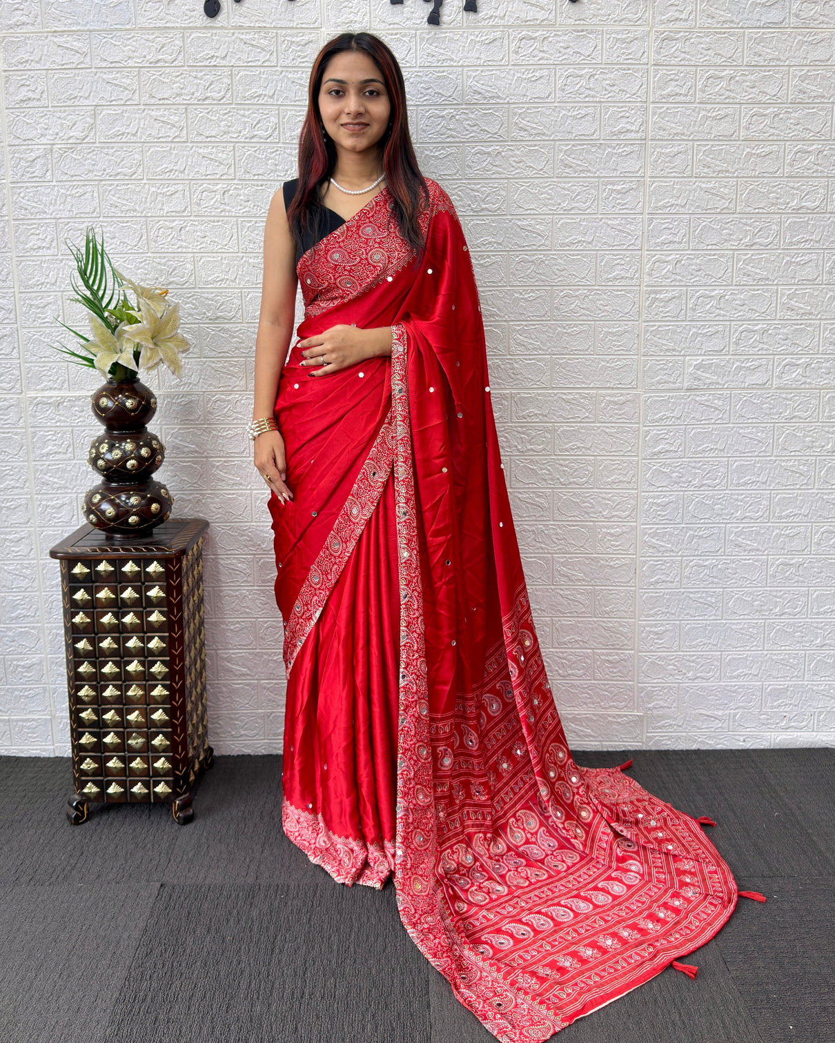 Red satin silk saree with kashmiri paisley print pallu designer border festive wedding wear saree mameraa