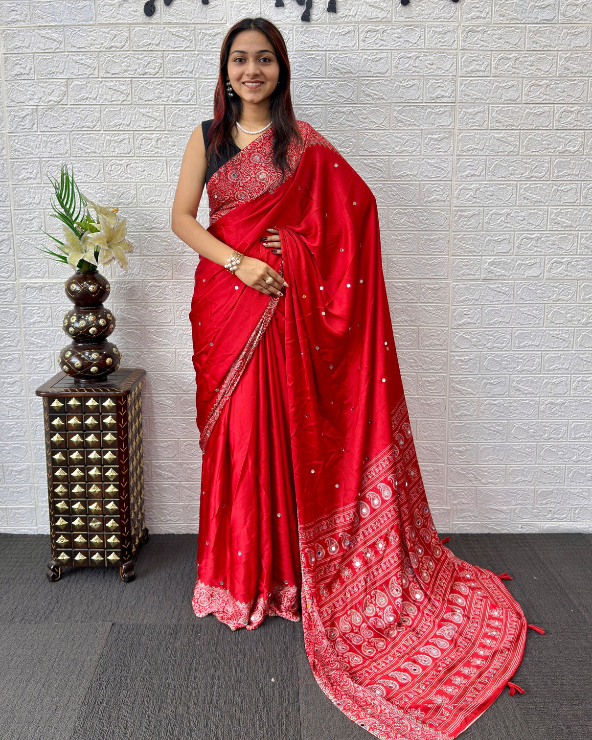 Red satin silk saree with kashmiri paisley print pallu designer border festive wedding wear saree