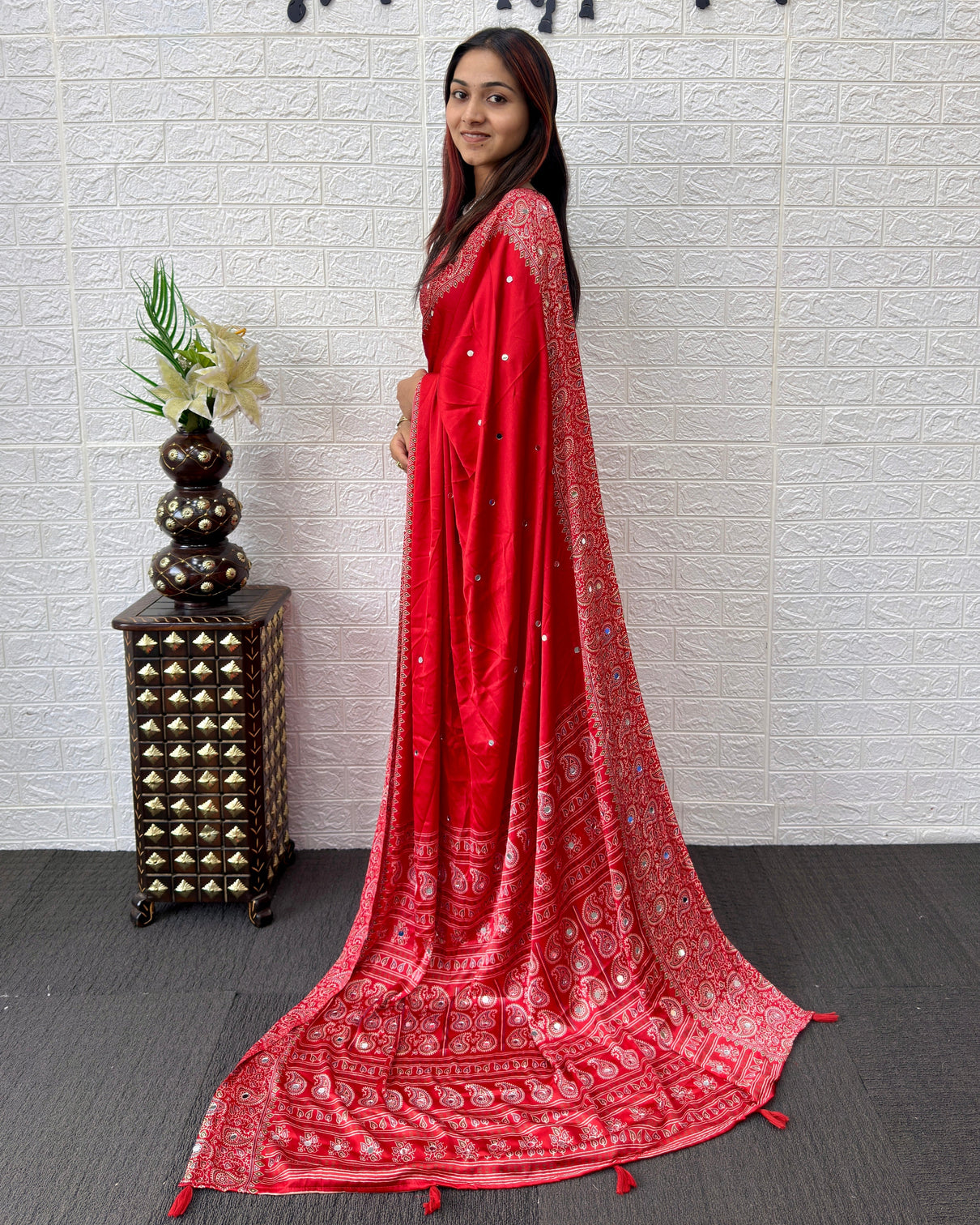 Red satin silk saree with kashmiri paisley print pallu designer border festive wedding wear saree