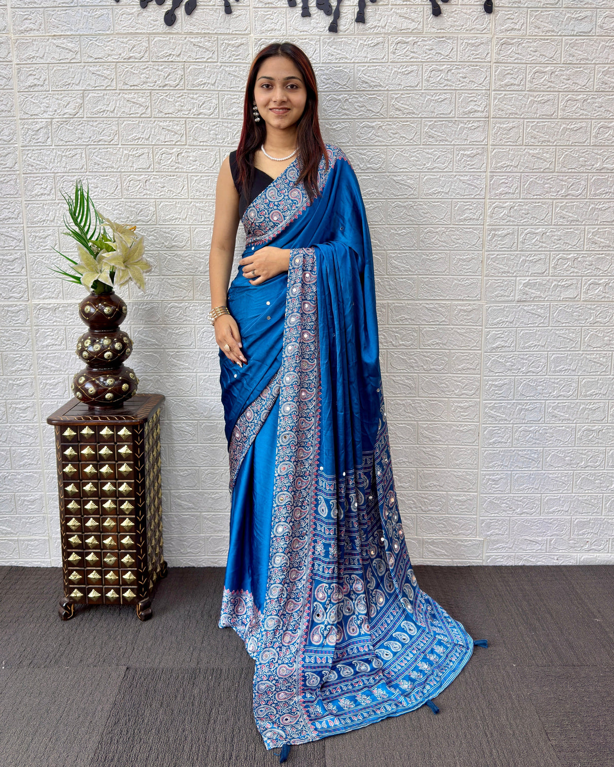 Royal blue satin silk saree with kashmiri paisley print pallu designer border premium festive wear saree mameraa