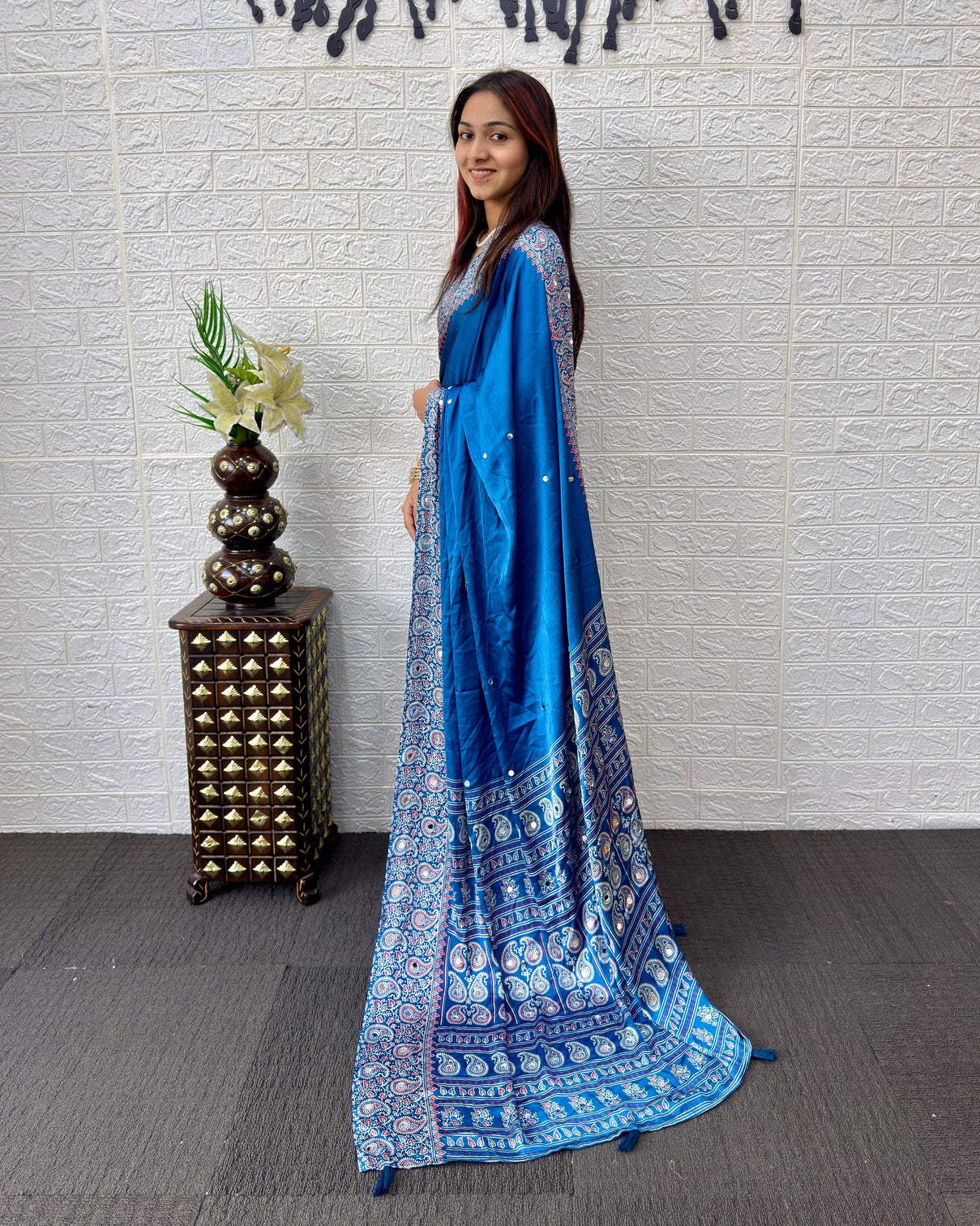 Royal blue satin silk saree with kashmiri paisley print pallu designer border premium festive wear saree