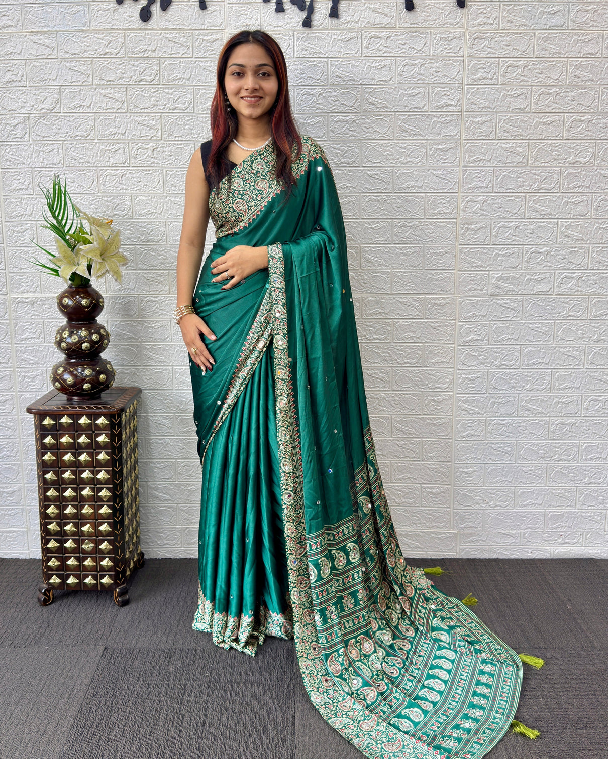 Emerald green satin silk saree with kashmiri paisley print pallu designer border festive wedding wear saree mameraa
