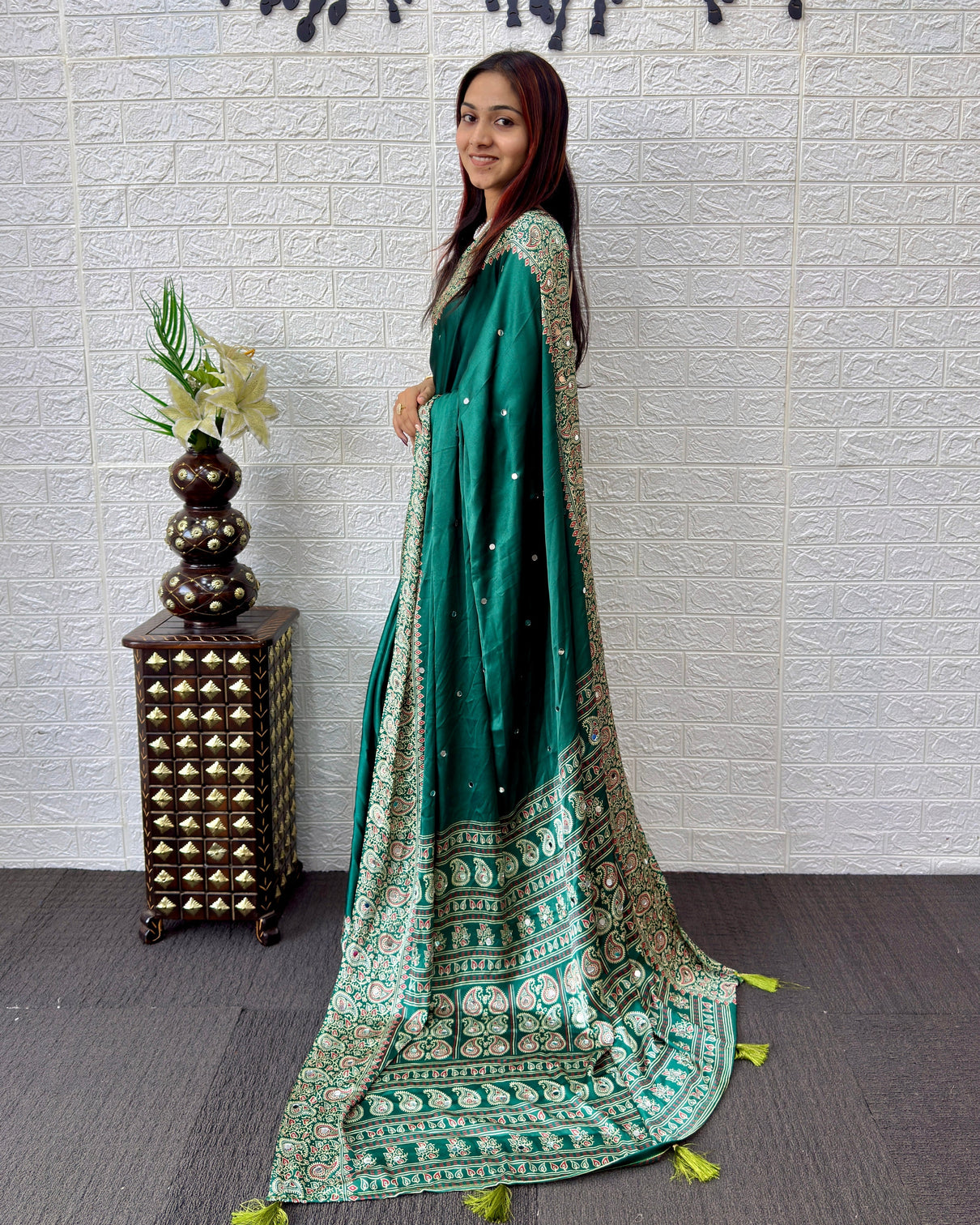 Emerald green satin silk saree with kashmiri paisley print pallu designer border festive wedding wear saree
