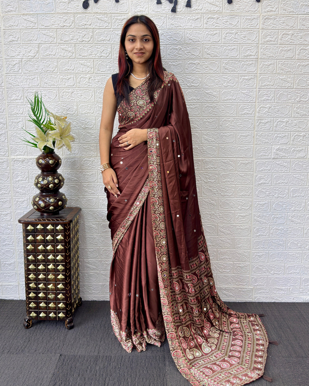 Chocolate brown satin silk saree with kashmiri paisley print pallu designer border festive wedding party wear saree