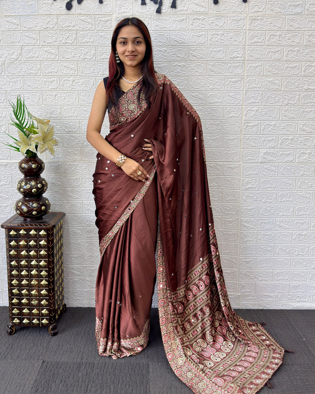 Chocolate brown satin silk saree with kashmiri paisley print pallu designer border festive wedding party wear saree mameraa