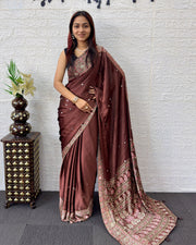 Chocolate brown satin silk saree with kashmiri paisley print pallu designer border festive wedding party wear saree mameraa