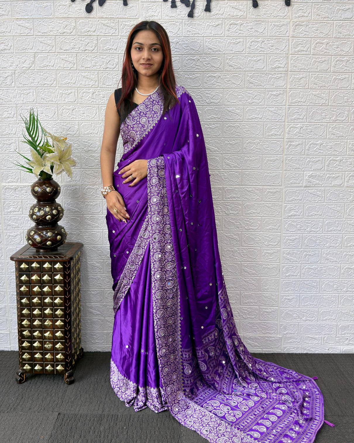 Royal purple satin silk saree with kashmiri paisley print pallu mirror butti detailing festive wedding wear saree mameraa