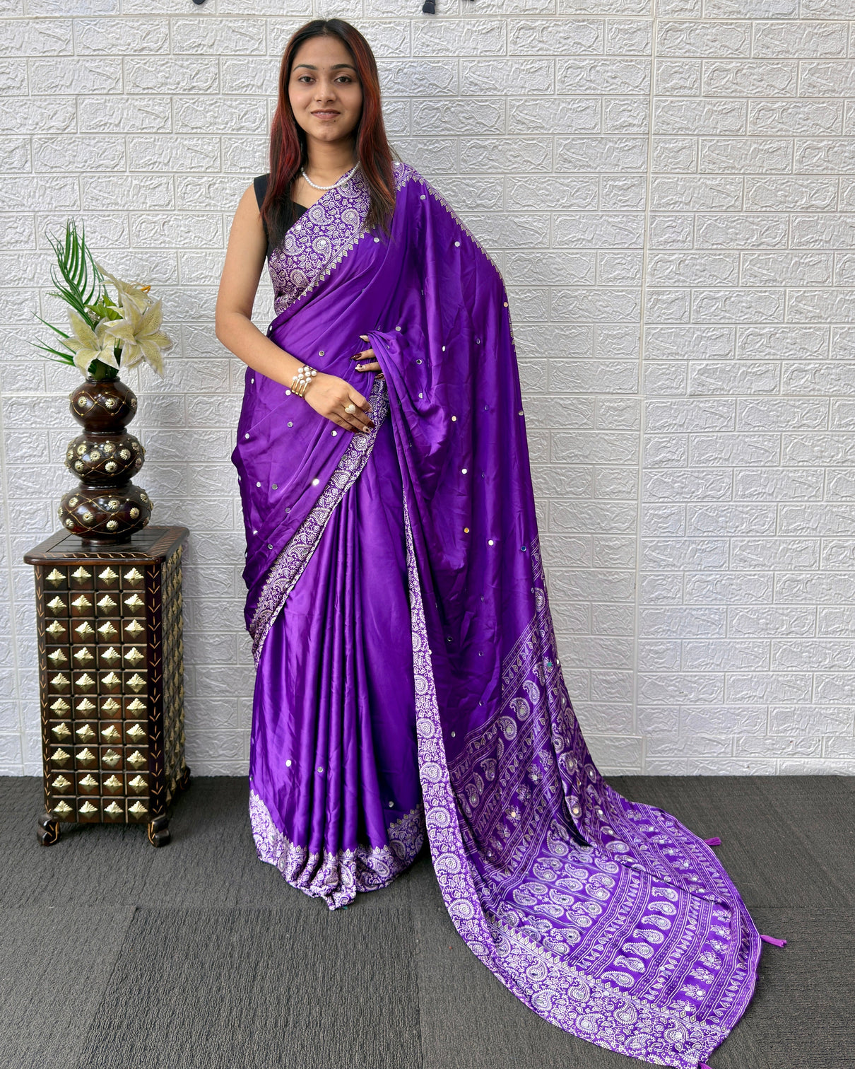 Royal purple satin silk saree with kashmiri paisley print pallu mirror butti detailing festive wedding wear saree