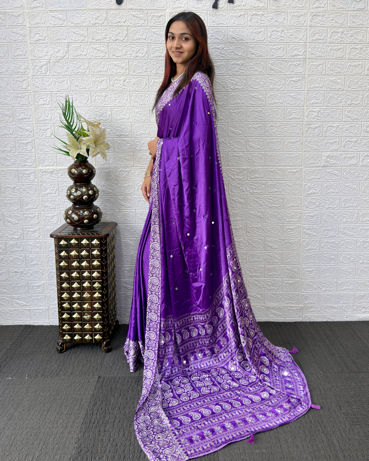 Royal purple satin silk saree with kashmiri paisley print pallu mirror butti detailing festive wedding wear saree