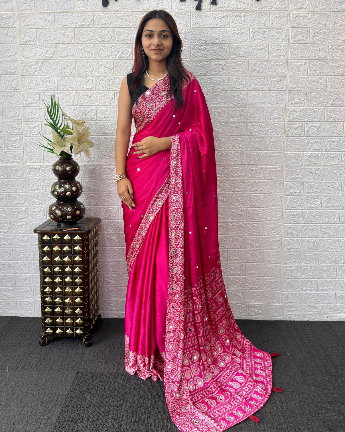 Rani pink satin silk saree with kashmiri paisley print pallu mirror butti detailing festive wedding party wear saree mameraa