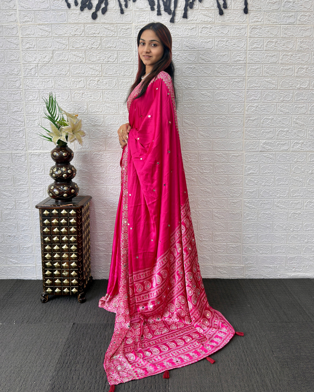 Rani pink satin silk saree with kashmiri paisley print pallu mirror butti detailing festive wedding party wear saree