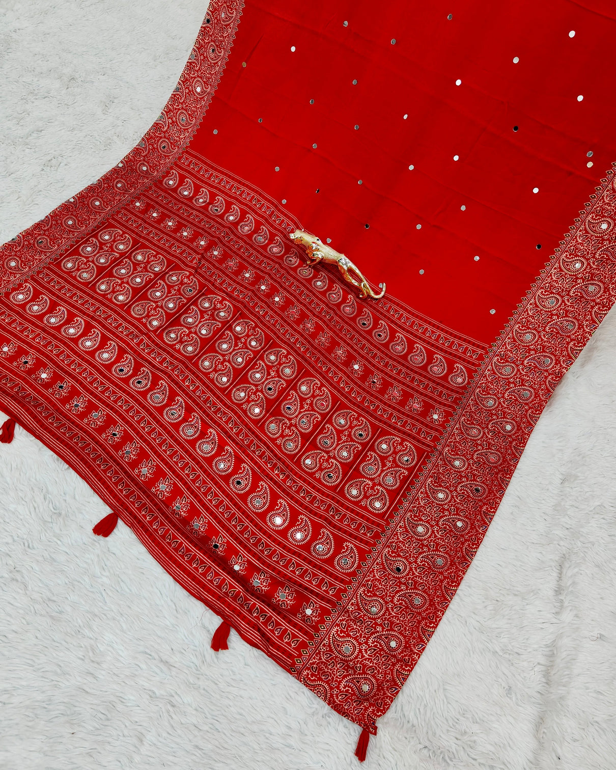 Red satin silk saree with kashmiri paisley print pallu designer border festive wedding wear saree