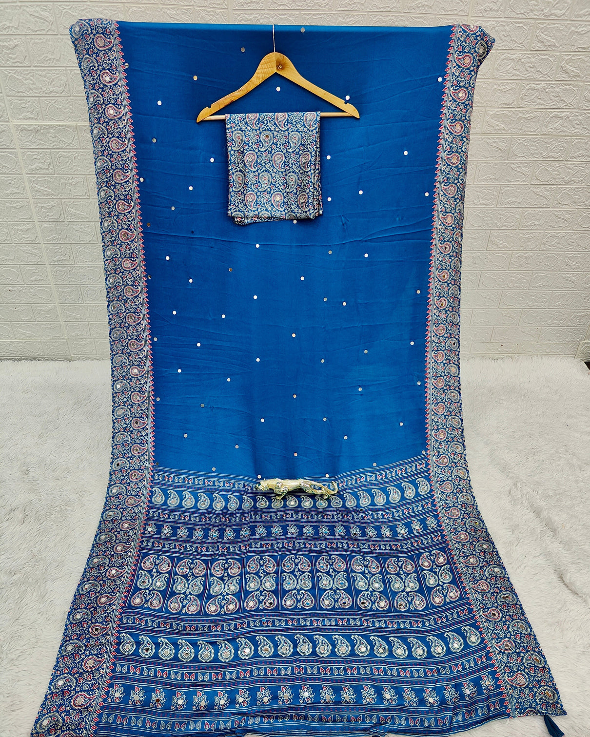 Royal blue satin silk saree with kashmiri paisley print pallu designer border premium festive wear saree