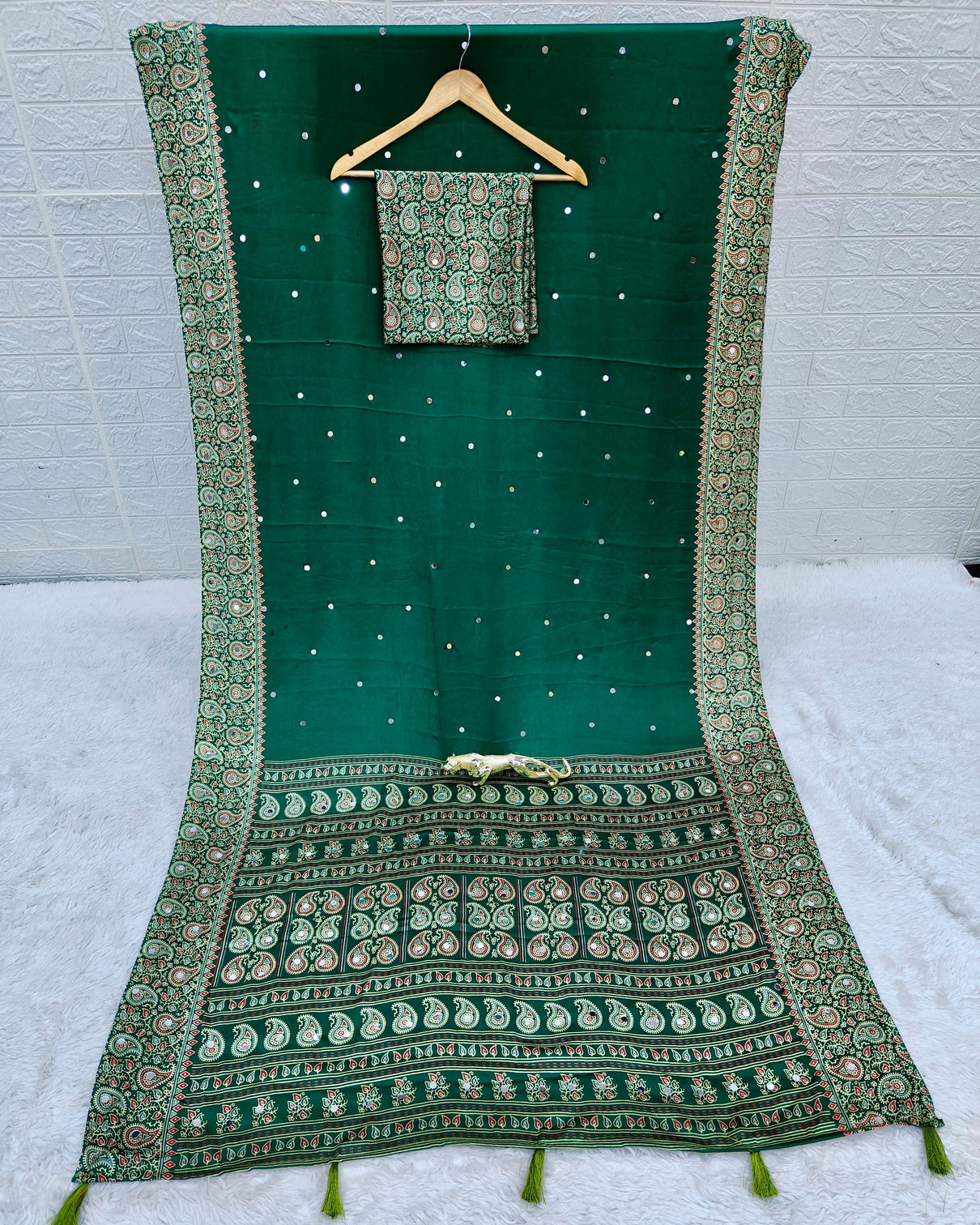 Emerald green satin silk saree with kashmiri paisley print pallu designer border festive wedding wear saree
