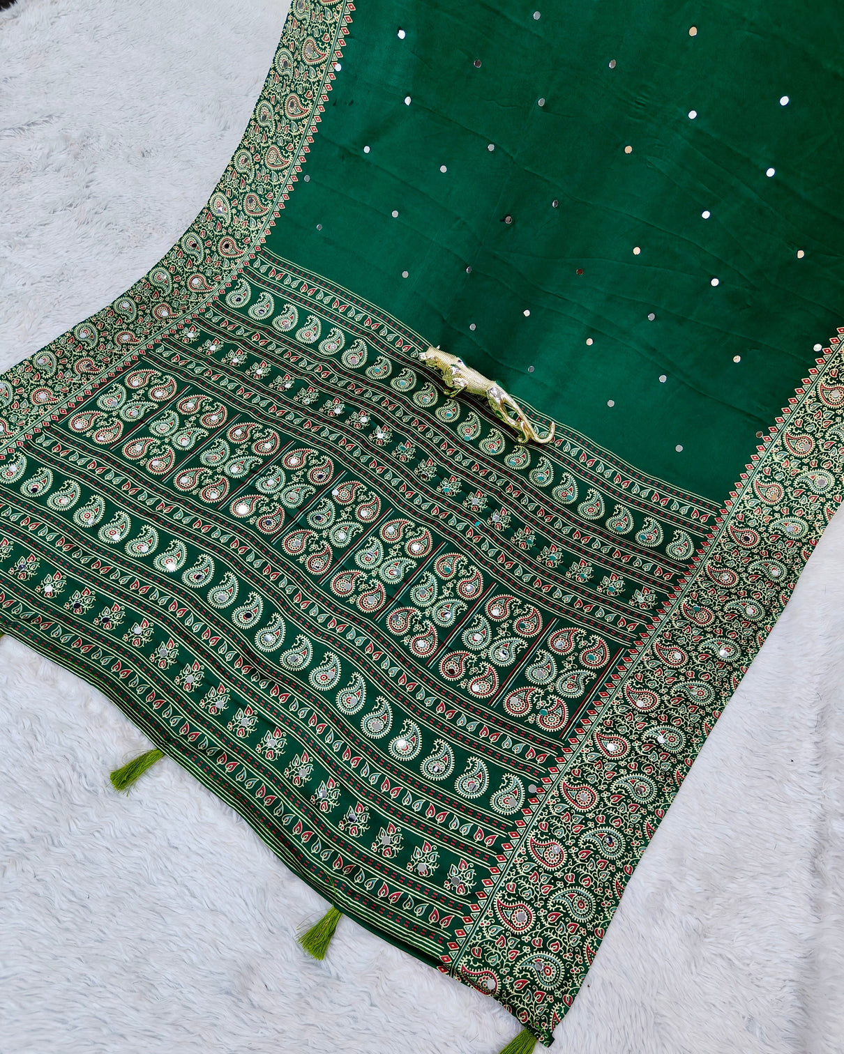 Emerald green satin silk saree with kashmiri paisley print pallu designer border festive wedding wear saree