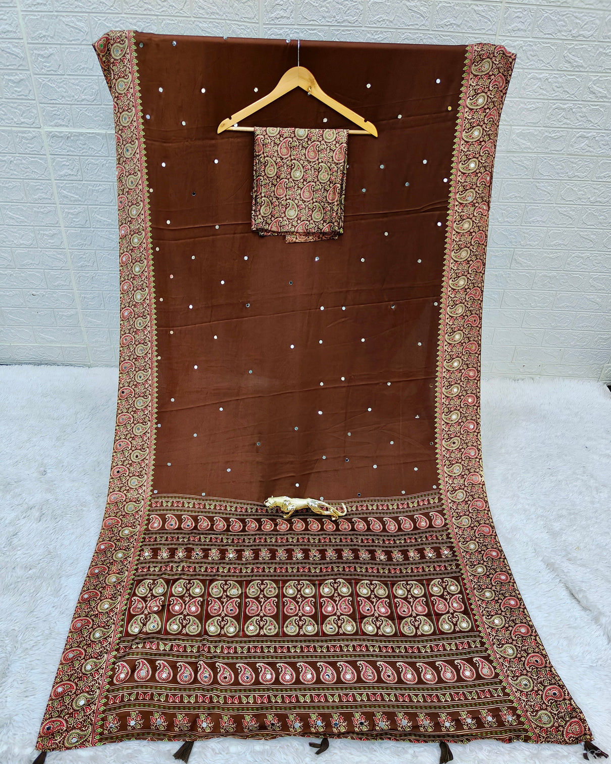 Chocolate brown satin silk saree with kashmiri paisley print pallu designer border festive wedding party wear saree
