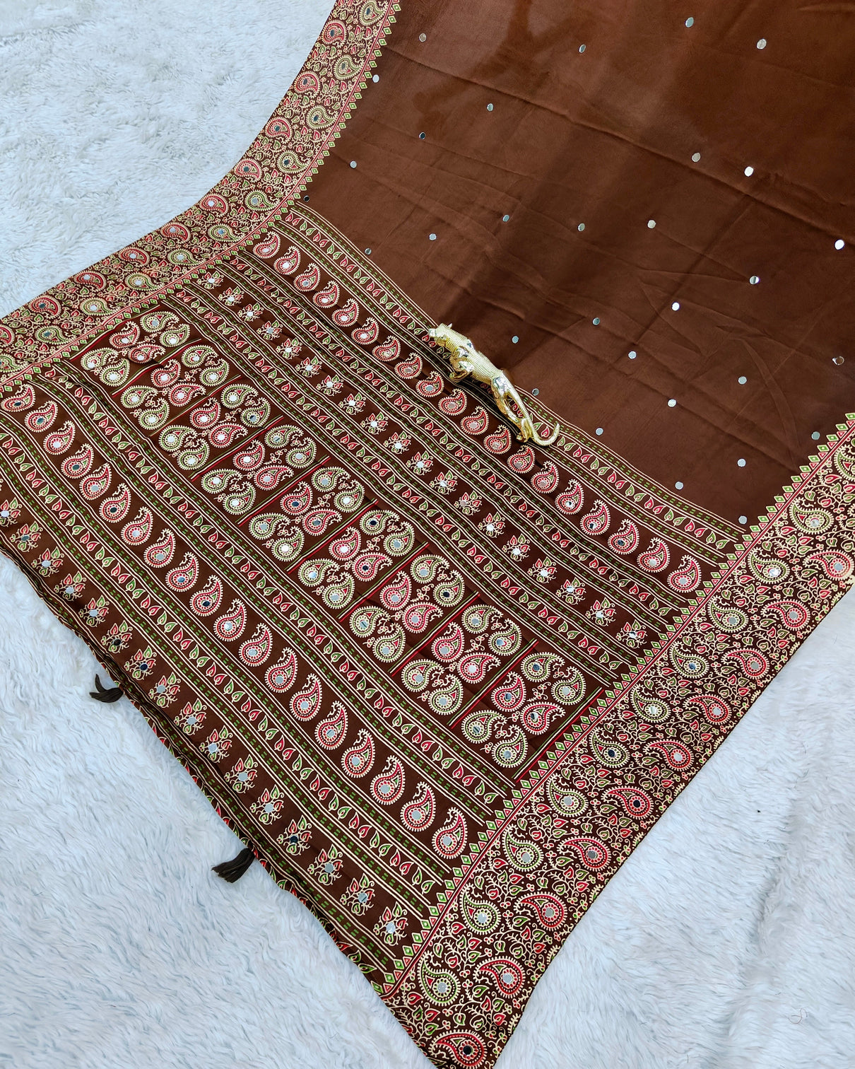 Chocolate brown satin silk saree with kashmiri paisley print pallu designer border festive wedding party wear saree