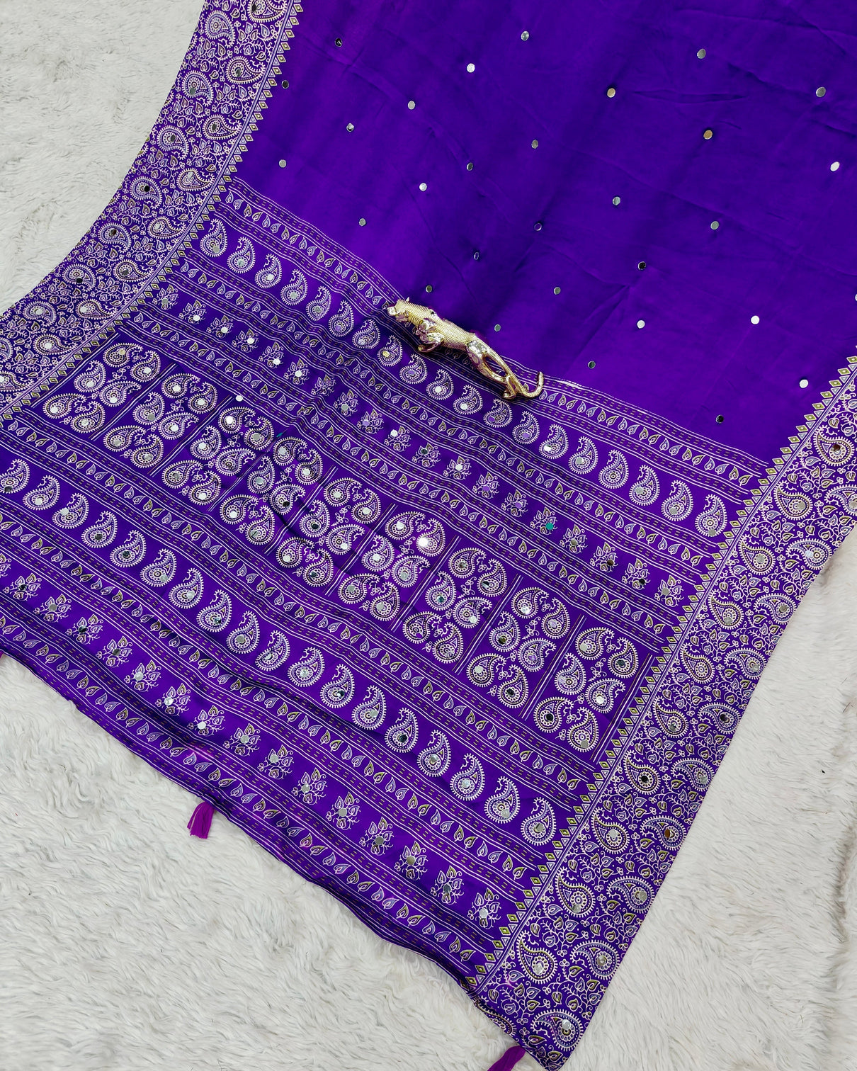 Royal purple satin silk saree with kashmiri paisley print pallu mirror butti detailing festive wedding wear saree