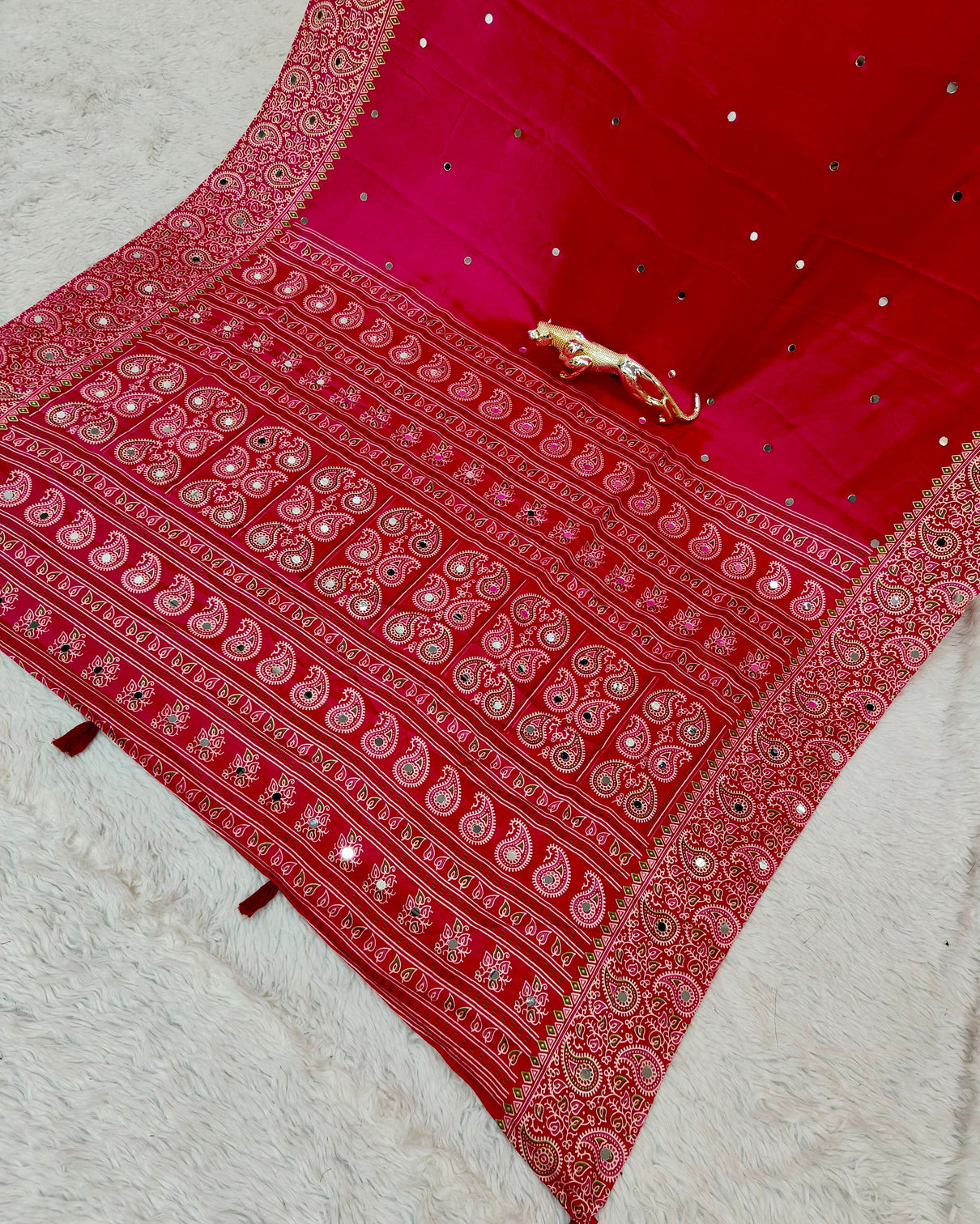 Rani pink satin silk saree with kashmiri paisley print pallu mirror butti detailing festive wedding party wear saree