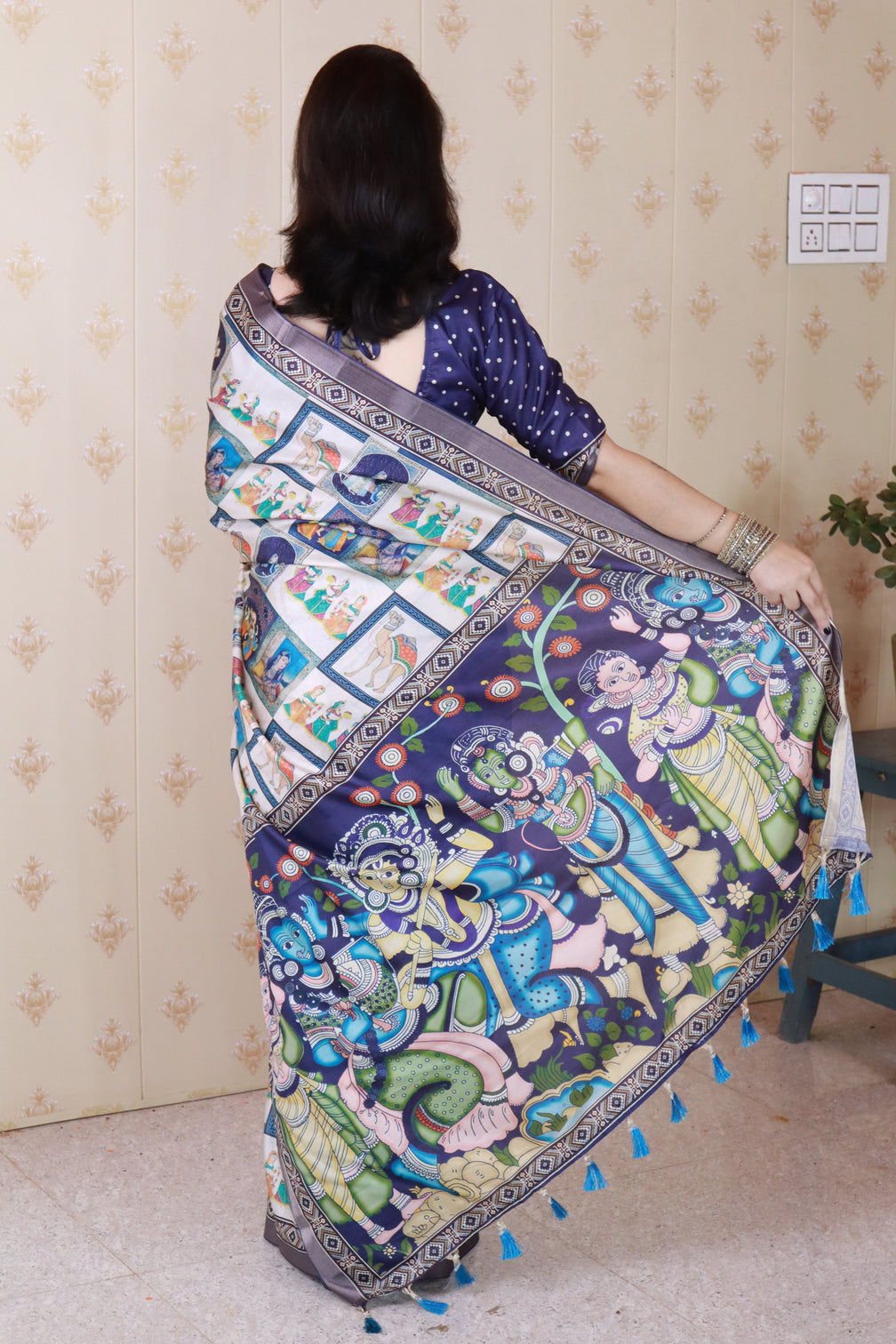 Blue tussar silk bold kalamkari figure printed saree with zari woven border