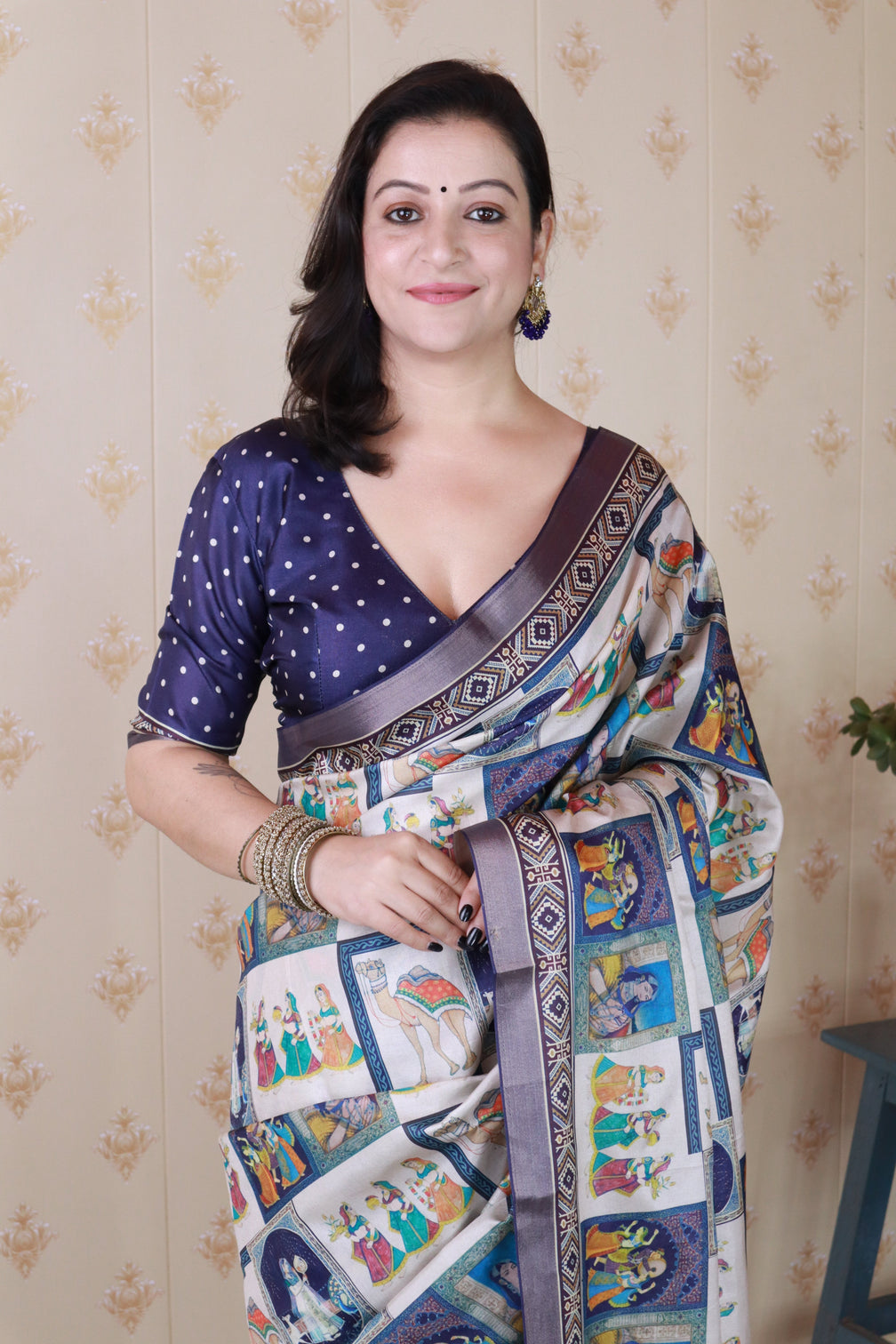 Blue tussar silk bold kalamkari figure printed saree with zari woven border