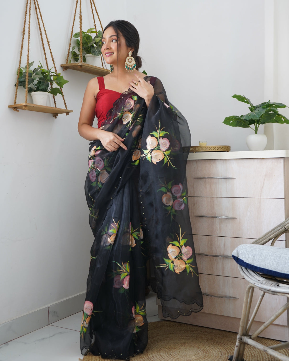 Black Saree in Organza Hand Painted Floral