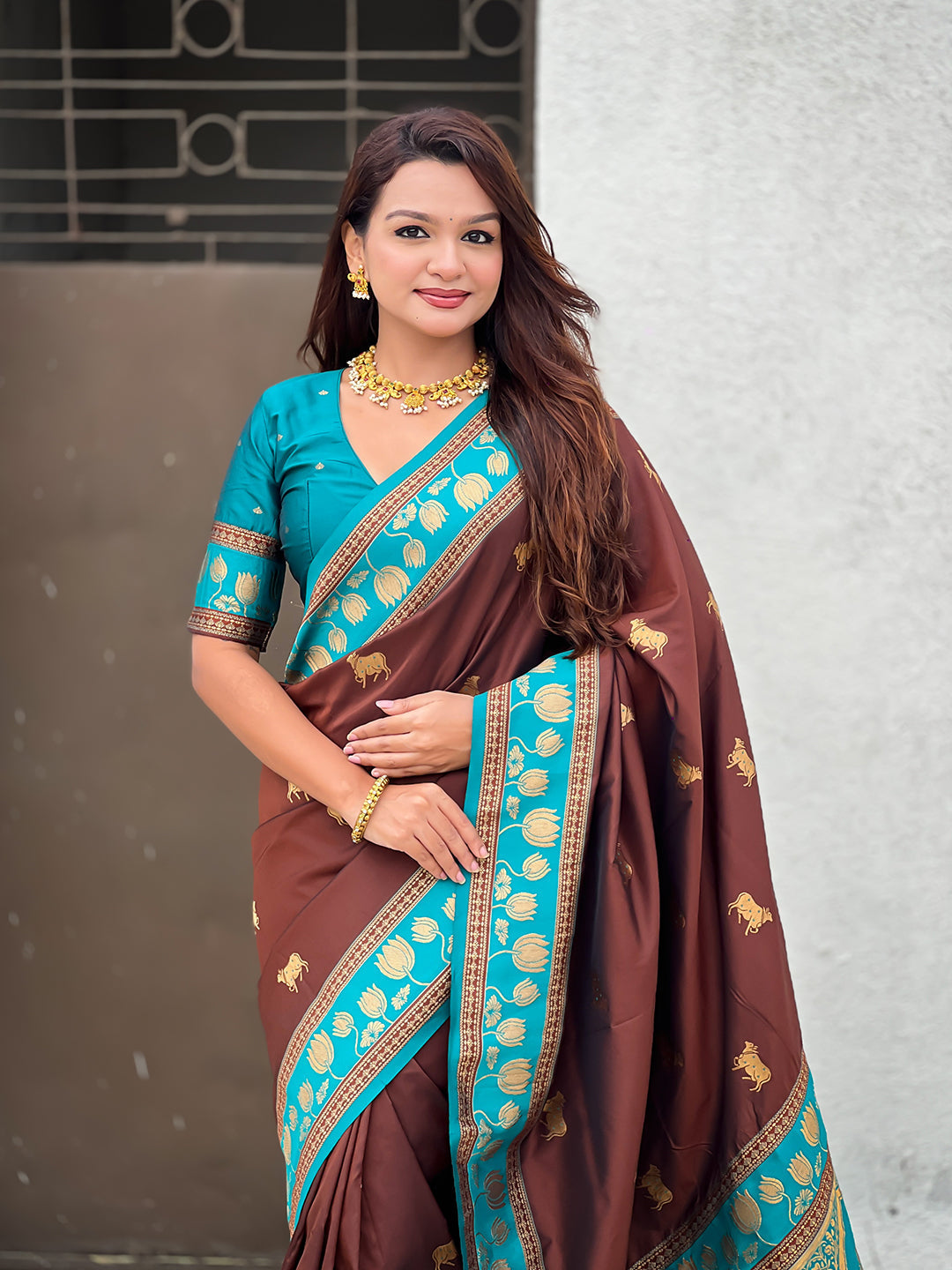 Coffee brown soft silk pichwai traditional zari woven saree
