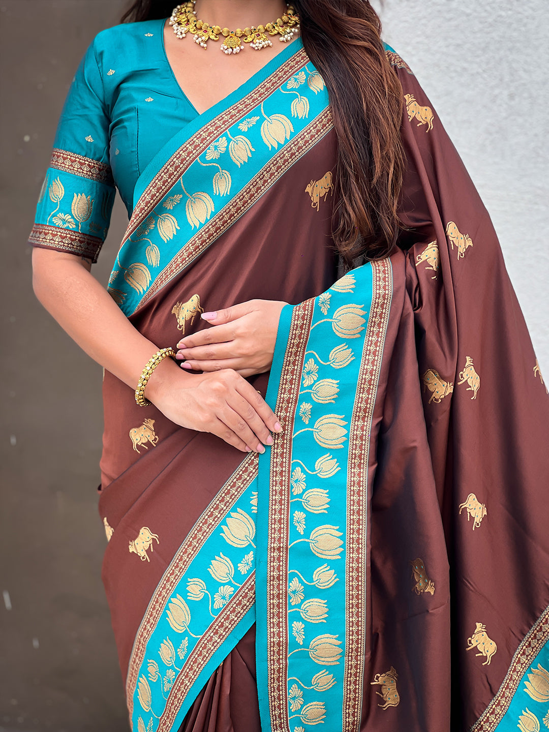 Coffee brown soft silk pichwai traditional zari woven saree