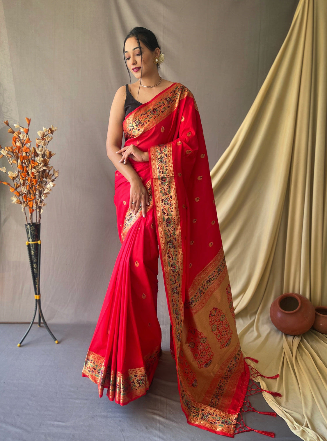 Red Saree in Paithani Silk