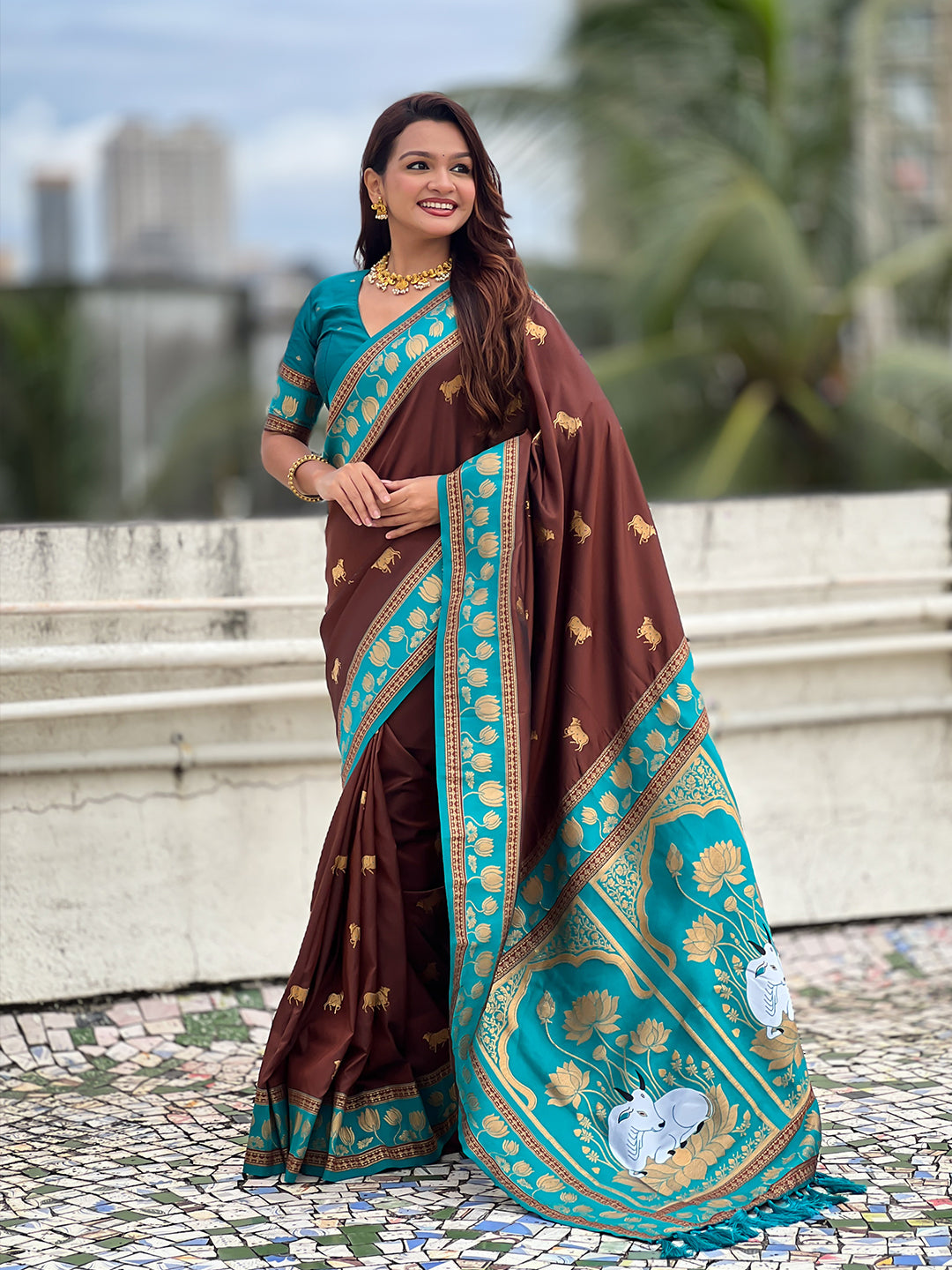Coffee brown soft silk pichwai traditional zari woven saree