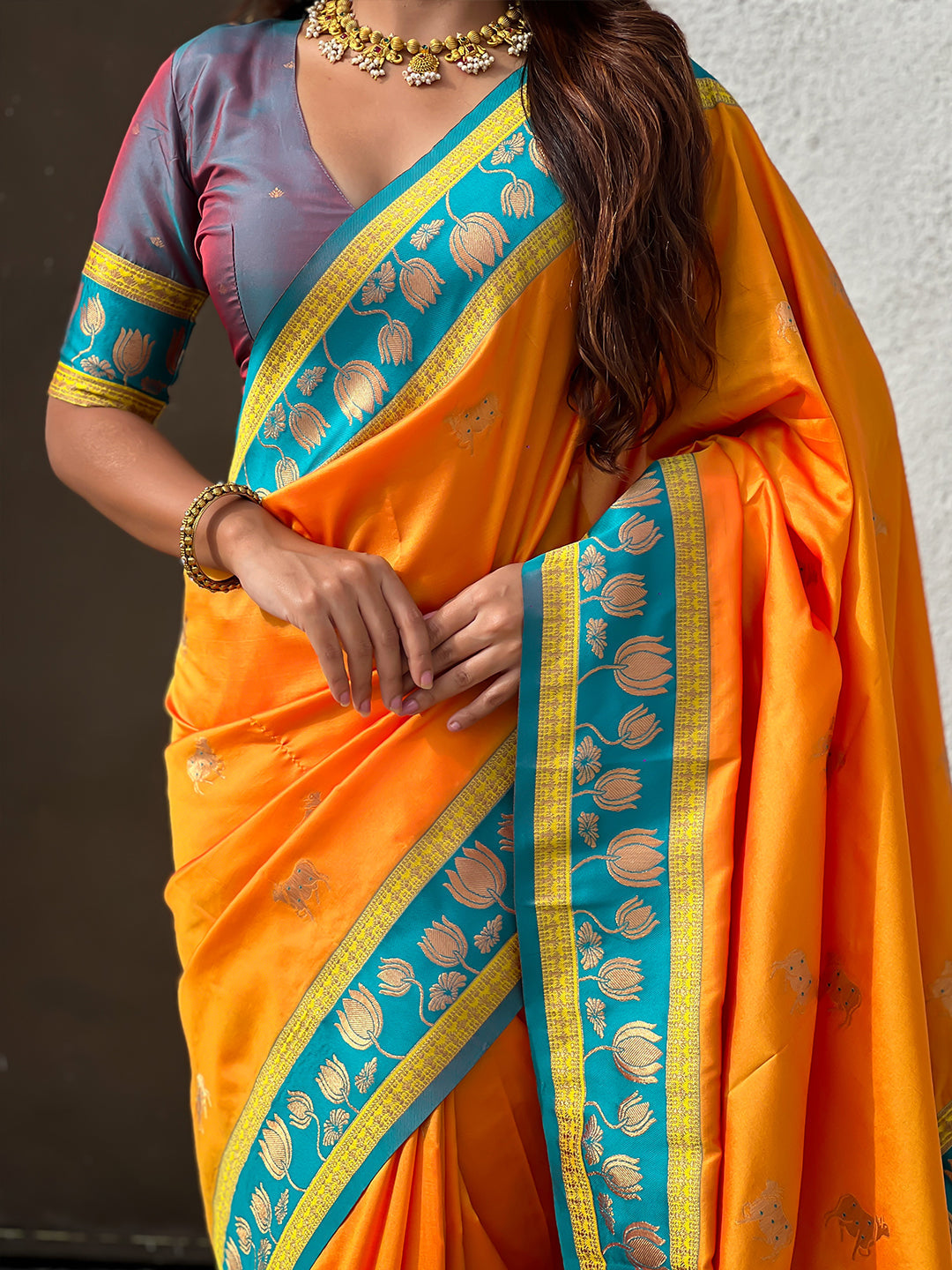 Orange soft silk pichwai traditional zari woven saree