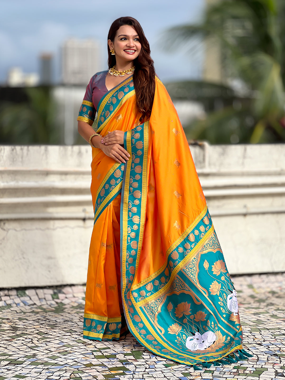 Orange soft silk pichwai traditional zari woven saree