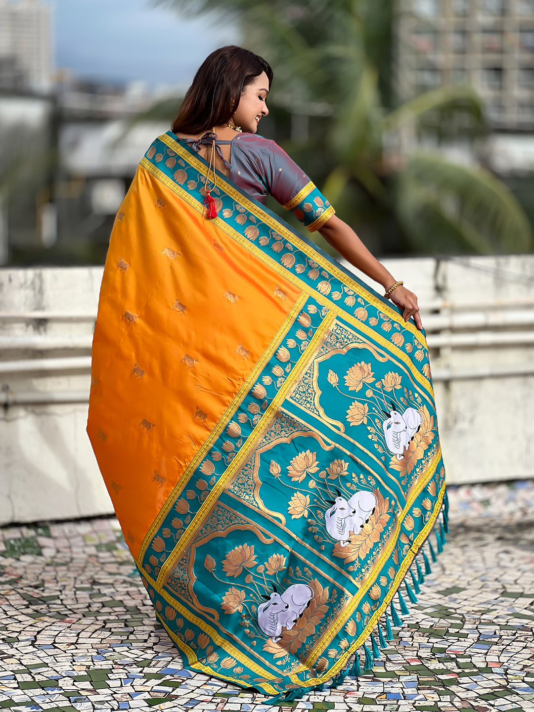 Orange soft silk pichwai traditional zari woven saree