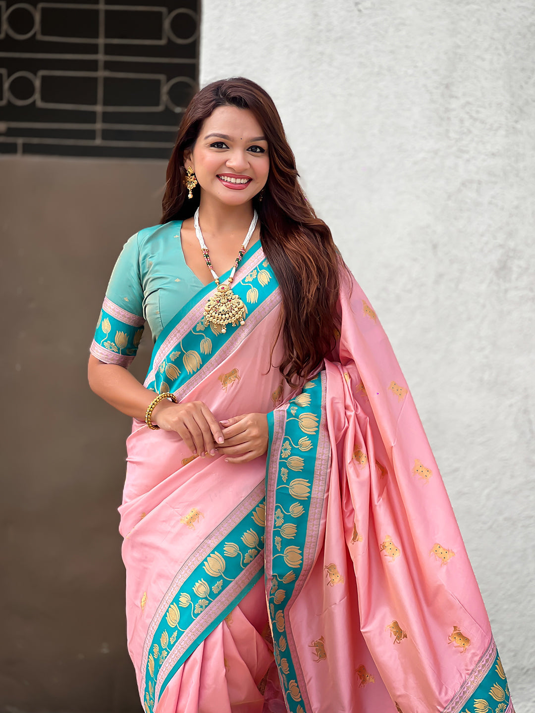 Baby pink soft silk pichwai traditional zari woven saree