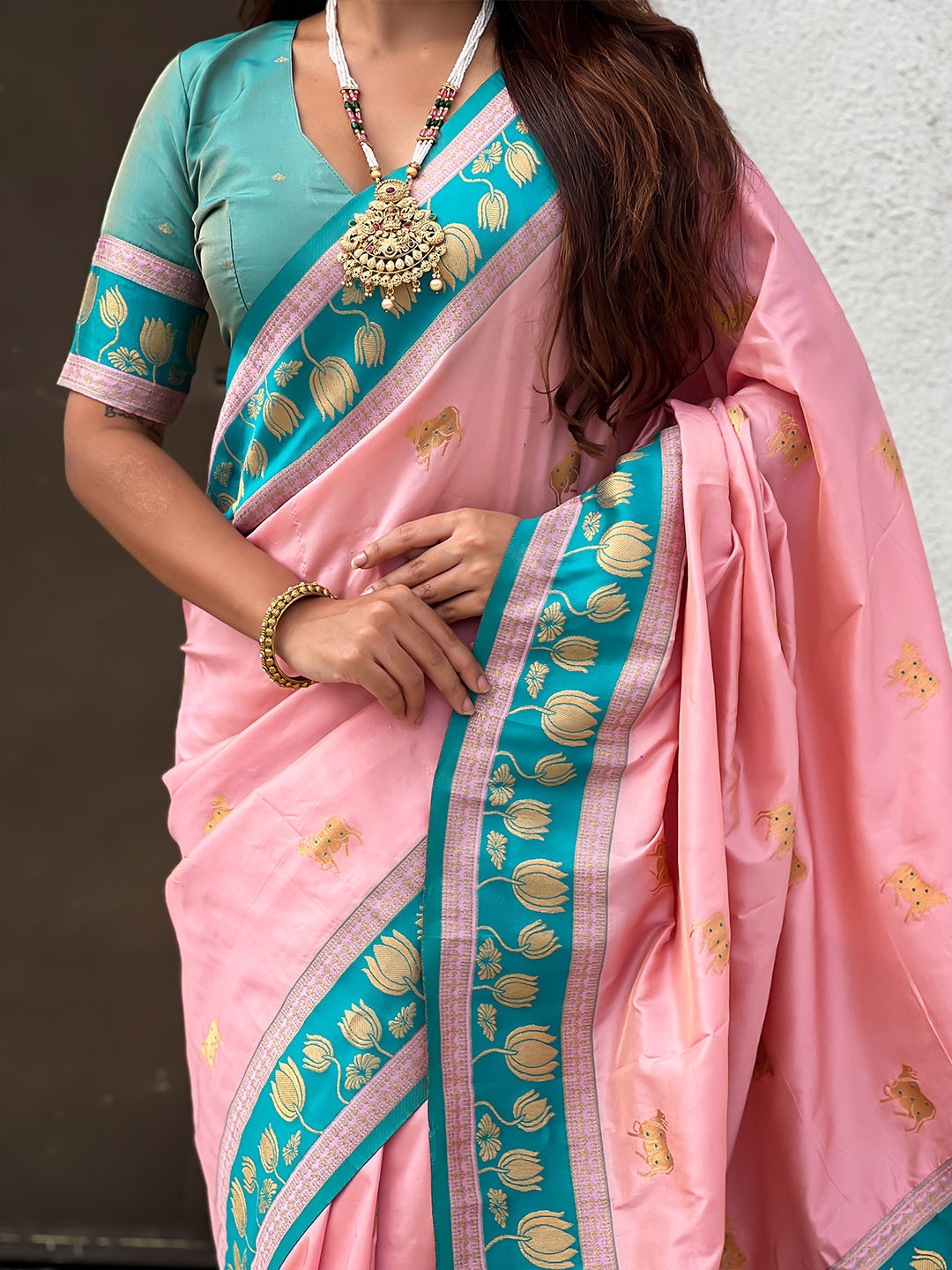 Baby pink soft silk pichwai traditional zari woven saree