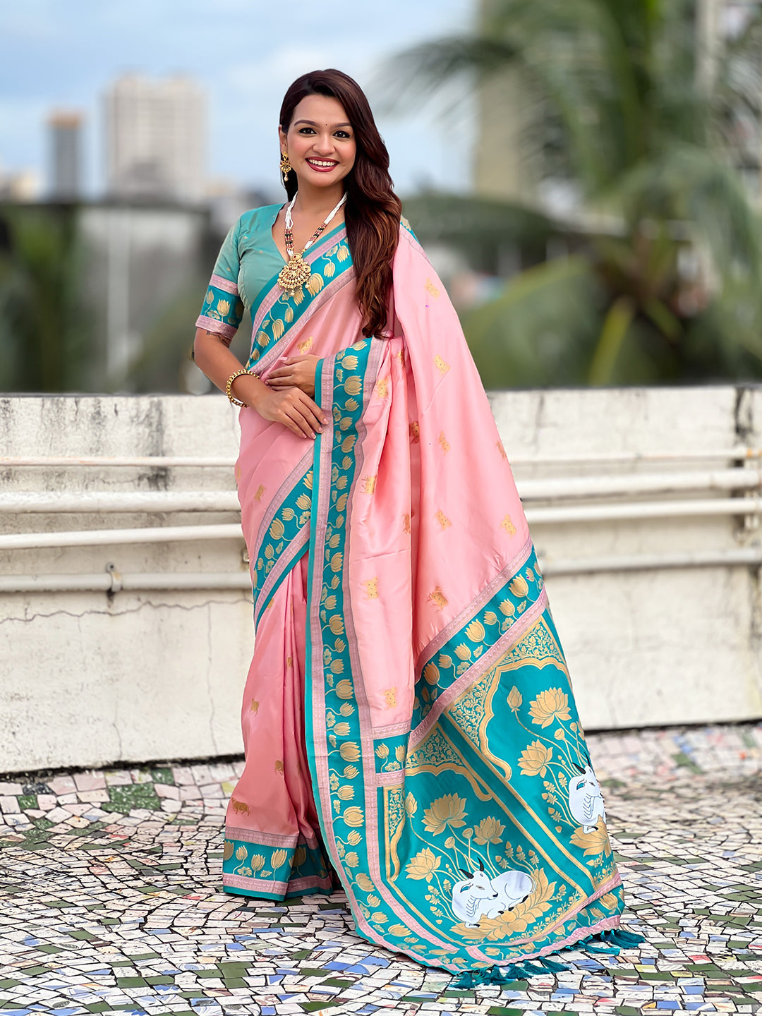 Baby pink soft silk pichwai traditional zari woven saree